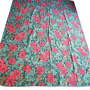 Vintage Christmas tablecloth red green brown poinsettias holly leaves pinecones